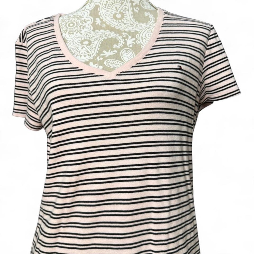 Tommy Hilfiger Pink Striped Logo Tee Shirt Womens XXL Casual Classic Preppy - Picture 2 of 7